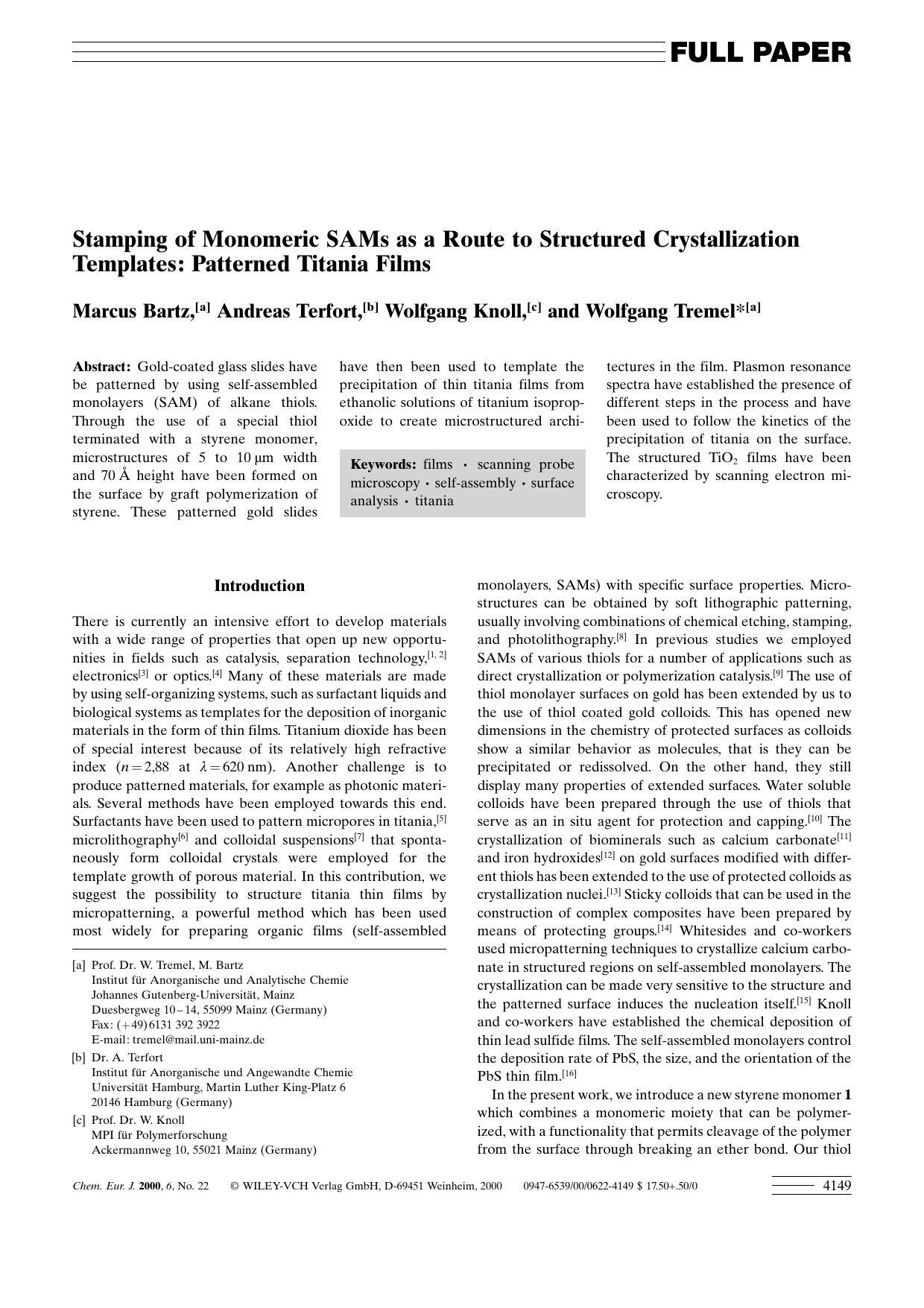 Stamping of Monomeric SAMs as a Route to Structured Crystallization Templates: Patterned Titania Films by Unknown