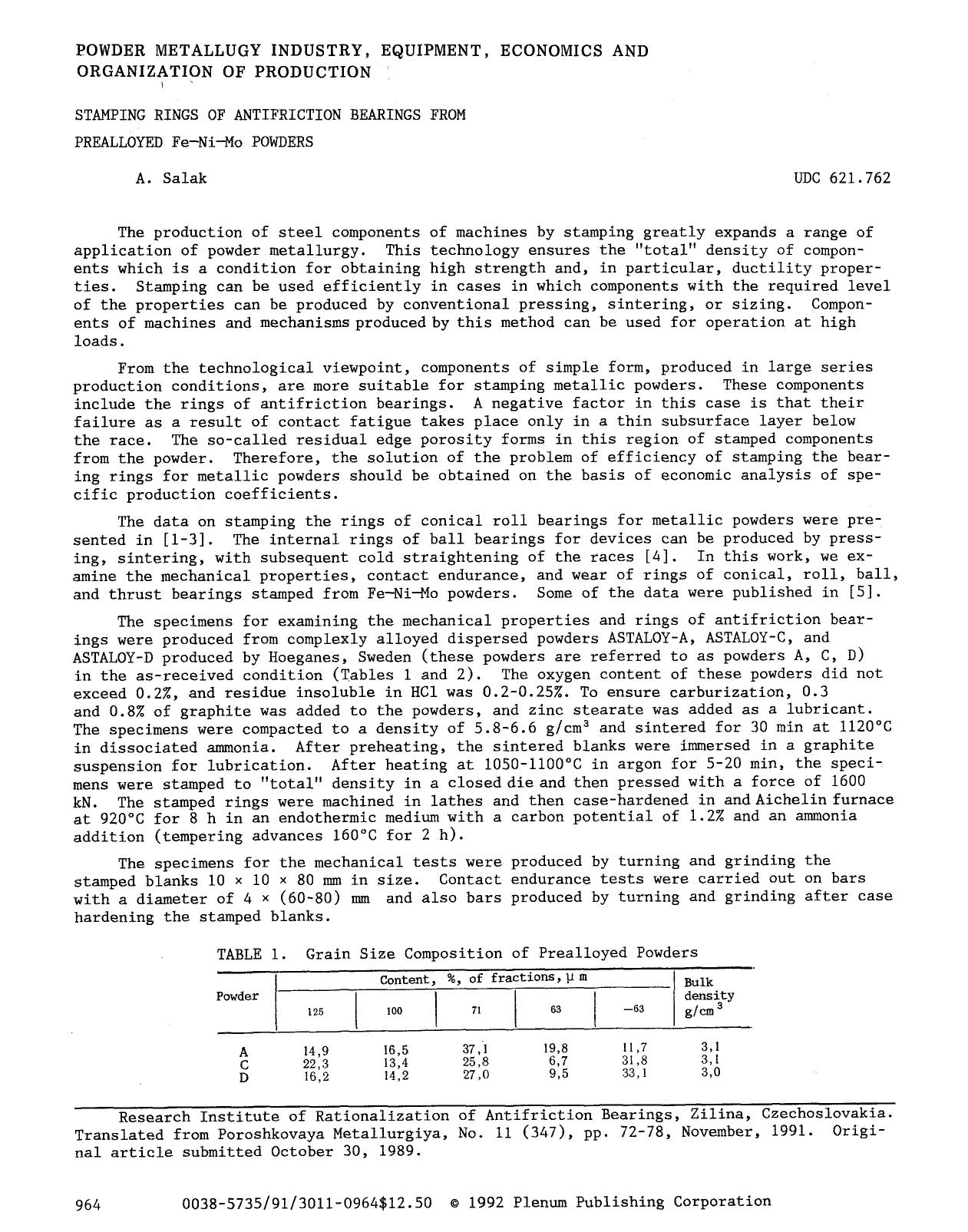 Stamping rings of antifriction bearings from prealloyed Fe-Ni-Mo powders by Unknown