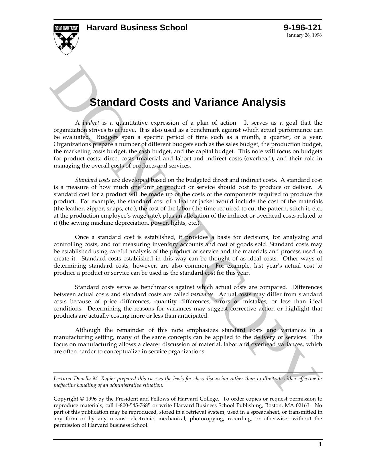Standard Costs And Variance Analysis (Harvard Business School Hbs Case) by Unknown