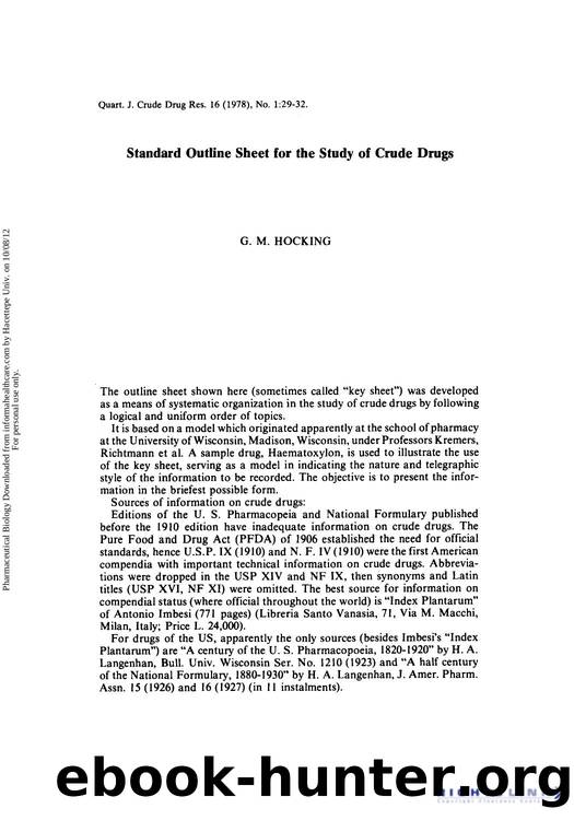 Standard Outline Sheet for the Study of Crude Drugs by G. M. Hocking