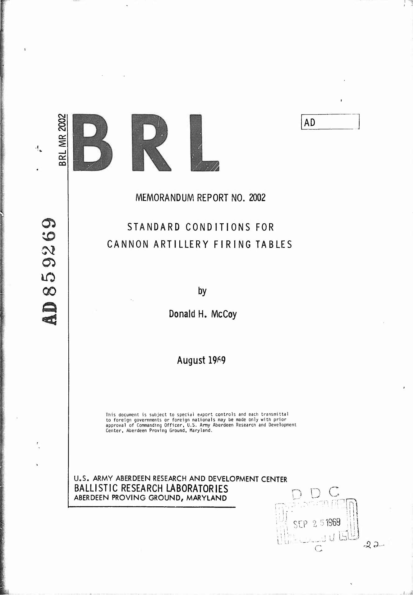 Standard conditions for cannon artillery firing tables by McCoy Donald H