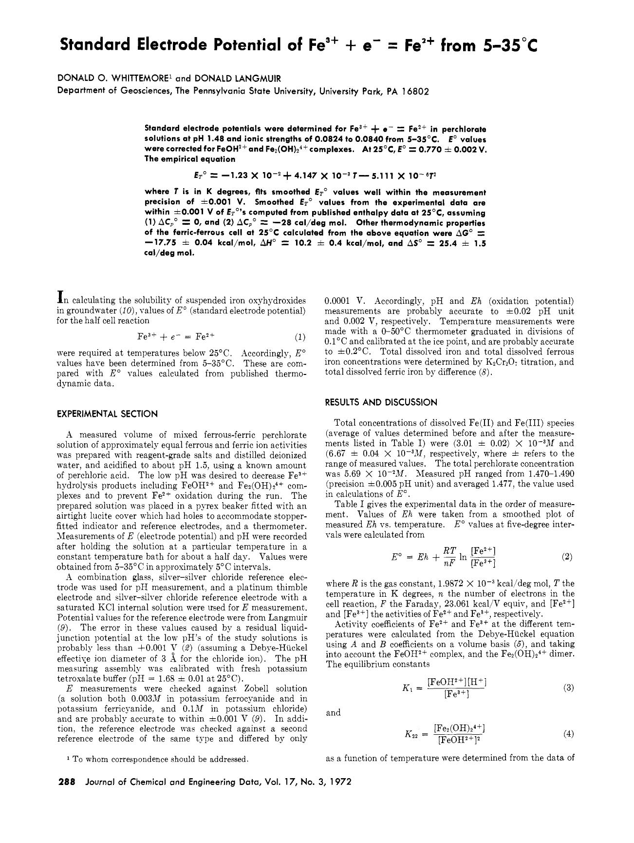 Standard electrode potential of Fe3+ + e- = Fe2+ from 5-35.deg. by Donald O. Whittemore Donald Langmuir