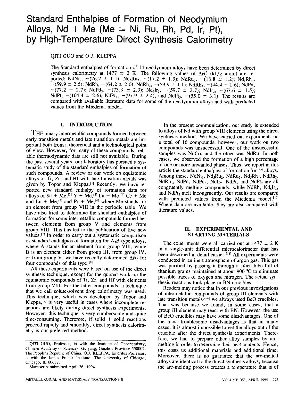 Standard enthalpies of formation of neodymium alloys, Nd + Me (Me ≡ Ni, Ru, Rh, Pd, Ir, Pt), by high-temperature direct synthesis calorimetry by Unknown