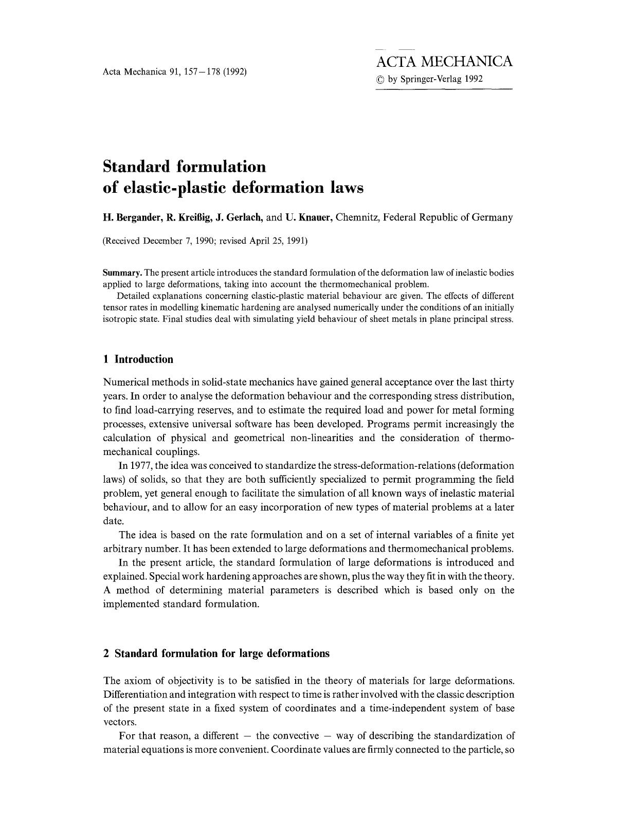 Standard formulation of elastic-plastic deformation laws by Unknown