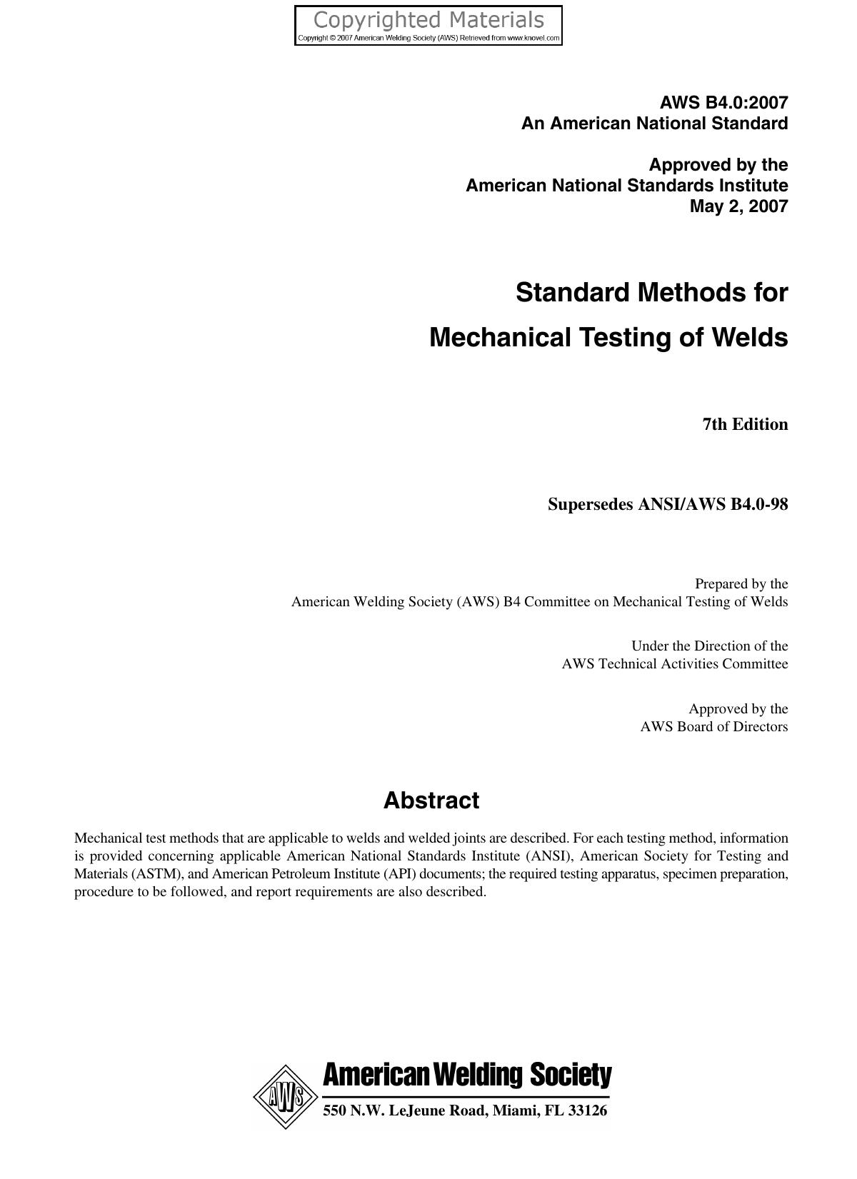 Standard methods for mechanical testing of welds by unknow