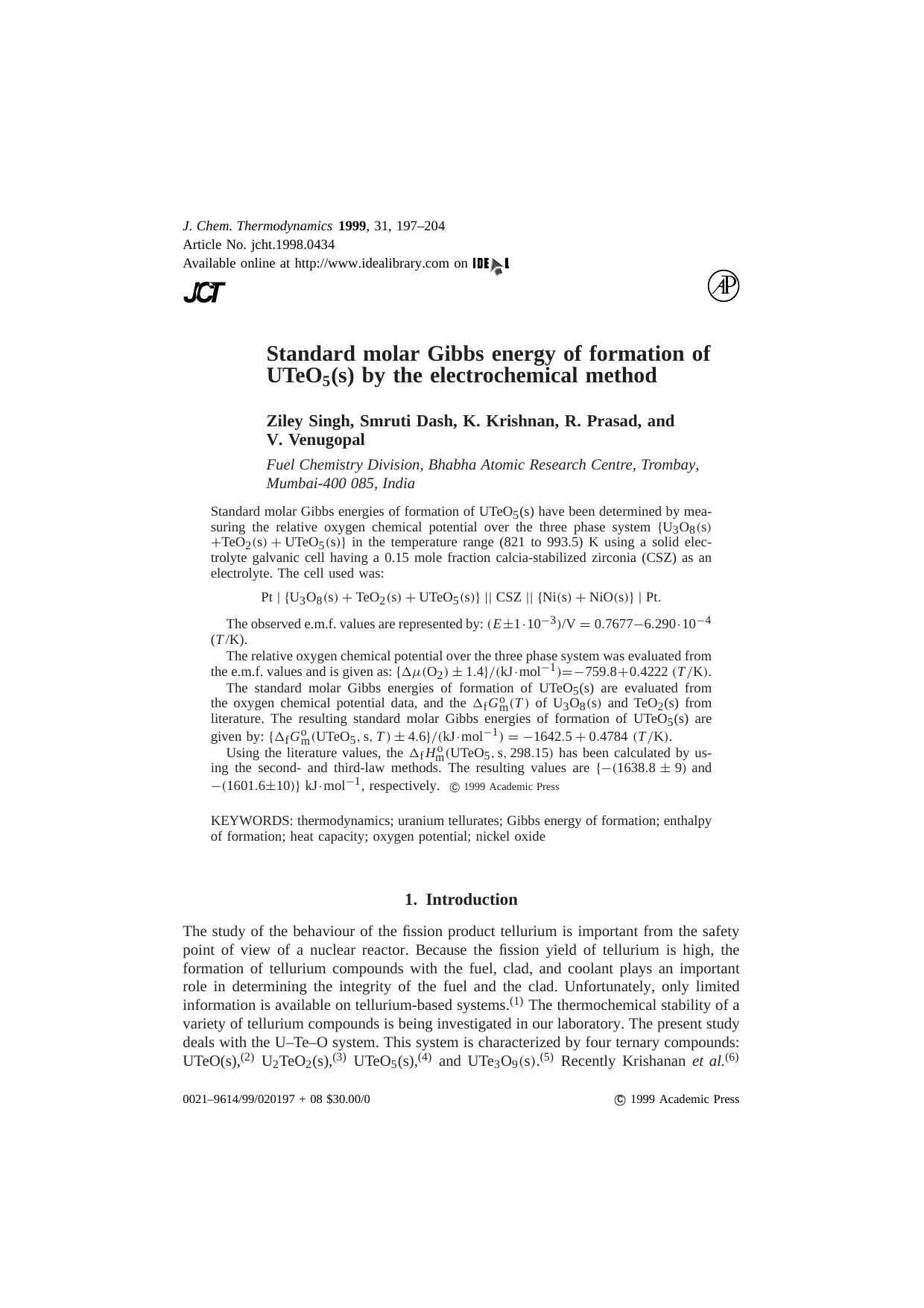 Standard molar Gibbs energy of formation of UTeO5(s) by the electrochemical method by Singh Z. et al