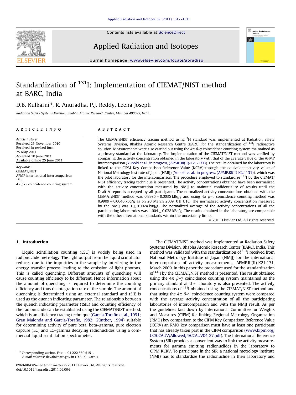 Standardization of 131I Implementation of CIEMATNIST method at BARC, India by D.B. Kulkarni & R. Anuradha & P.J. Reddy & Leena Joseph