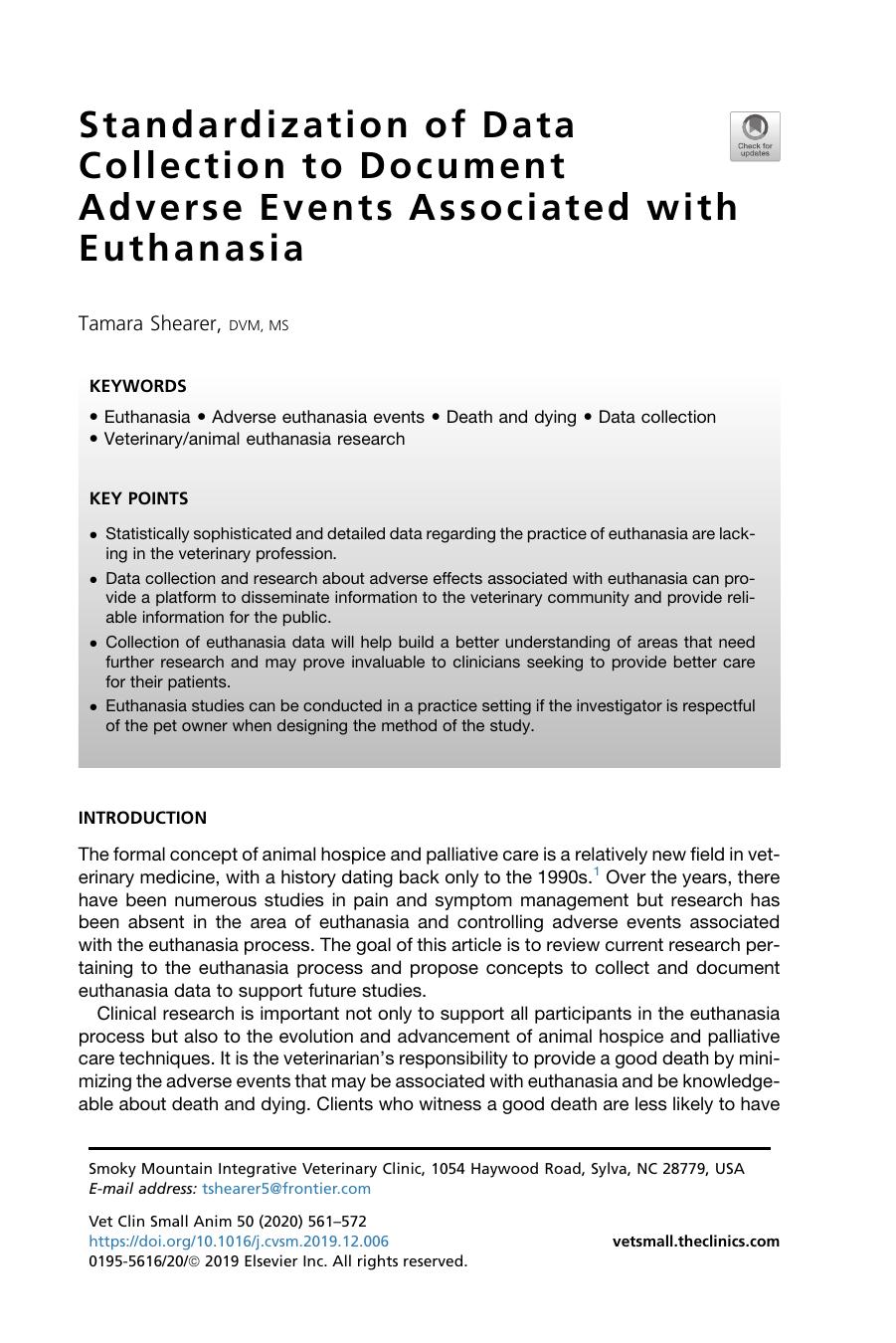 Standardization of Data Collection to Document Adverse Events Associated with Euthanasia by Tamara Shearer DVM MS