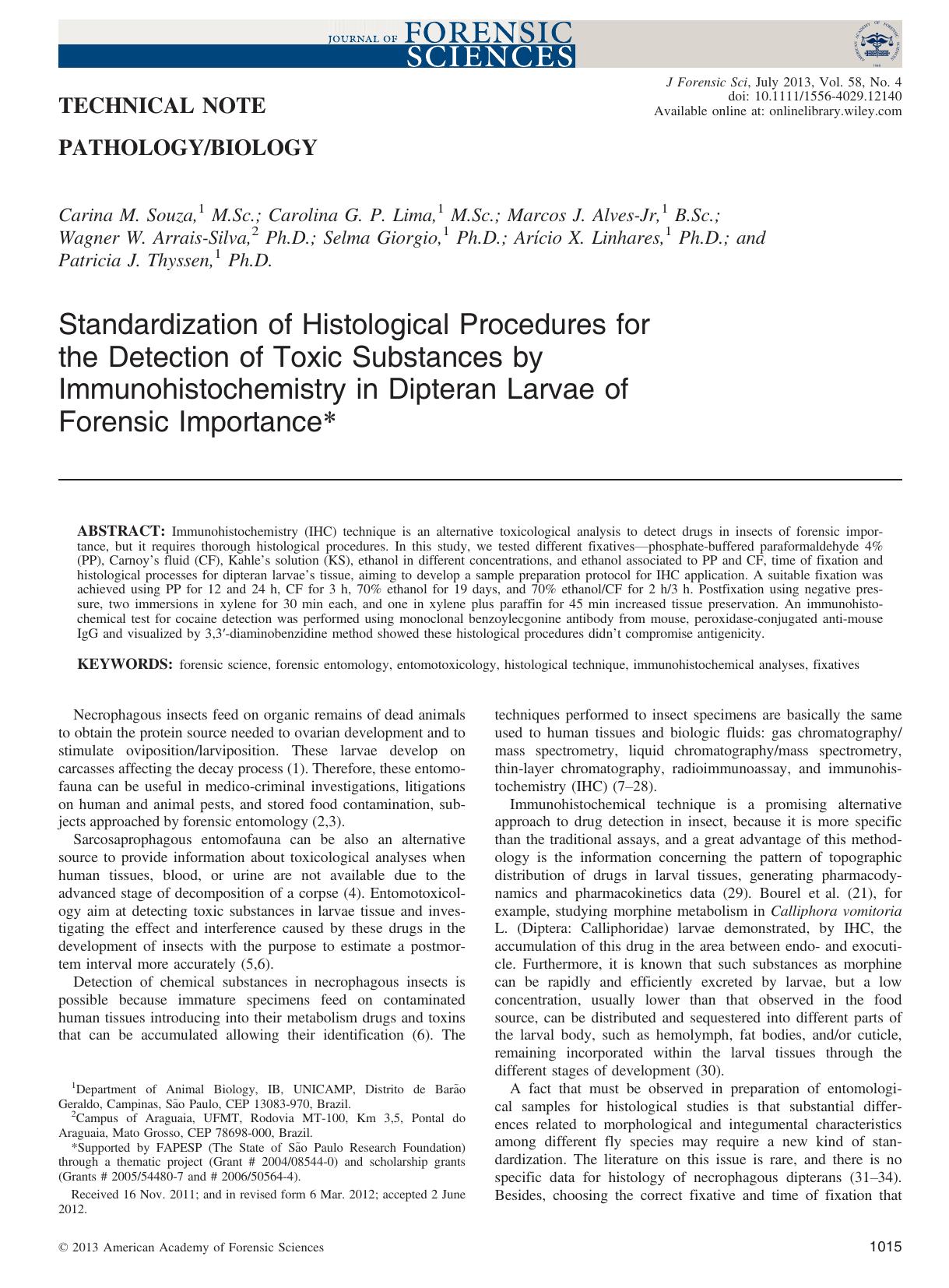 Standardization of Histological Procedures for the Detection of Toxic Substances by Immunohistochemistry in Dipteran Larvae of Forensic Importance by Unknown