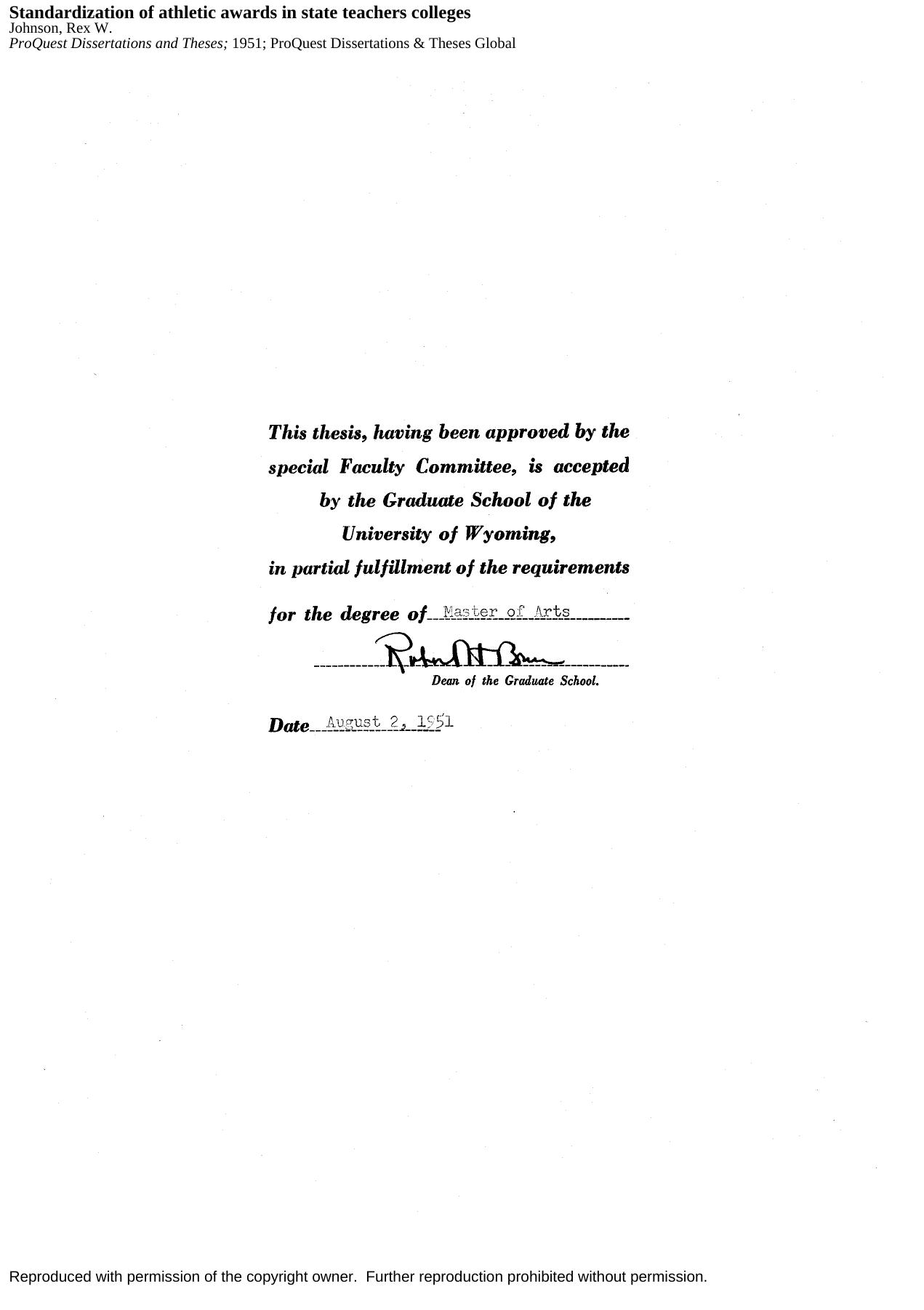 Standardization of athletic awards in state teachers colleges by Johnson Rex W