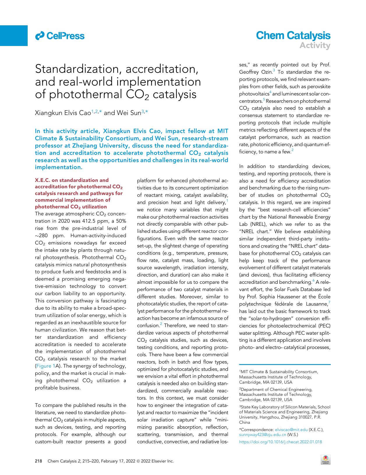 Standardization, accreditation, and real-world implementation of photothermal CO2 catalysis by Xiangkun Elvis Cao & Wei Sun
