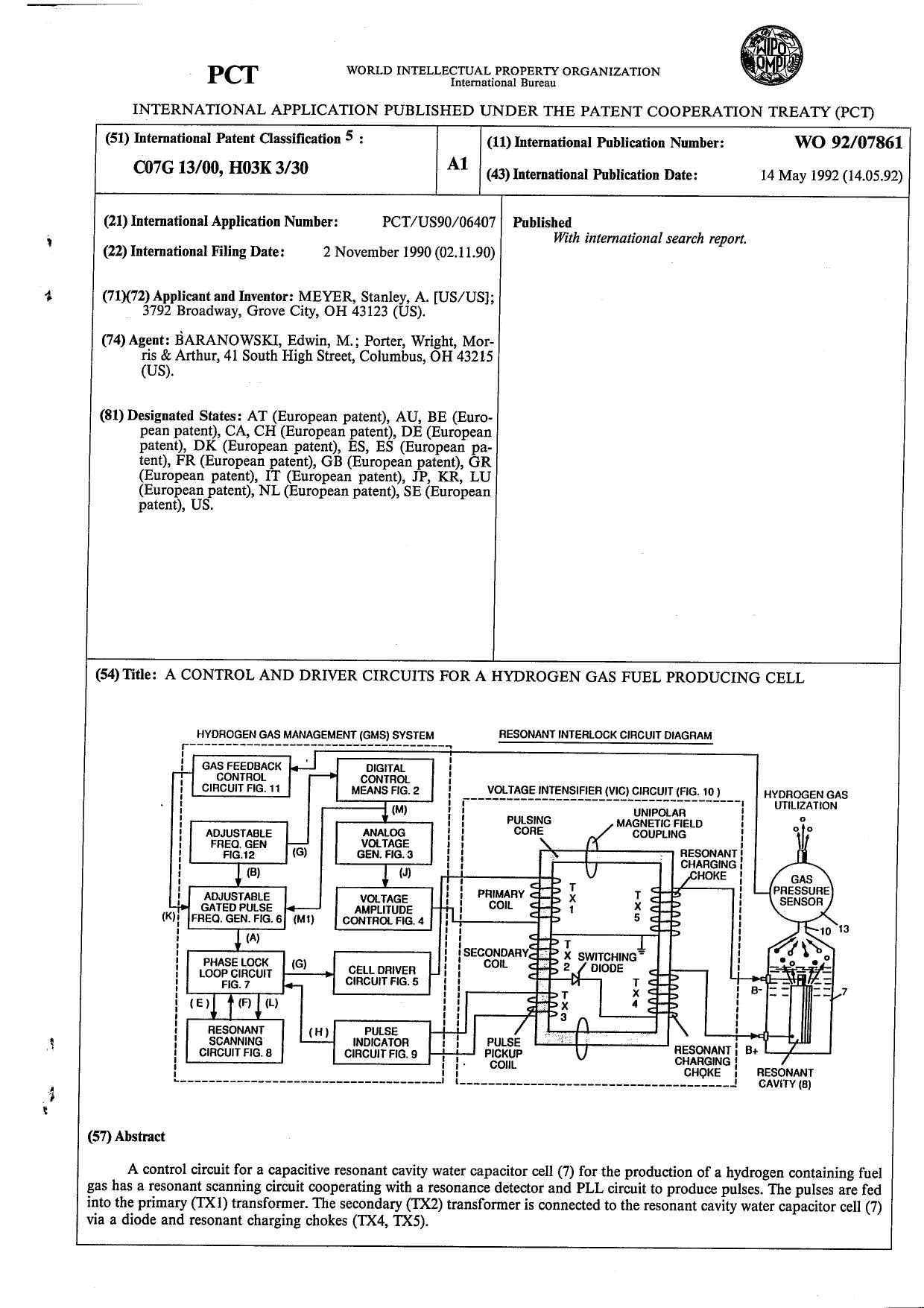 Stanley A Meyer-Control And Driver Circuits For A Hydrogen Gas Fuel Producing Cell-WIPO-92007861 by Unknown