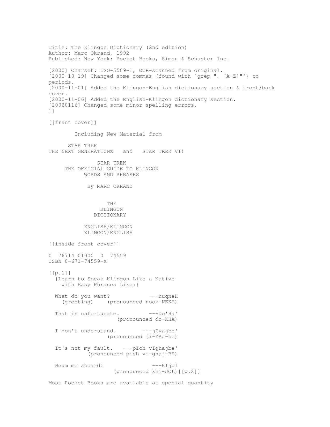 Star Trek - The Klingon Diction by Unknown