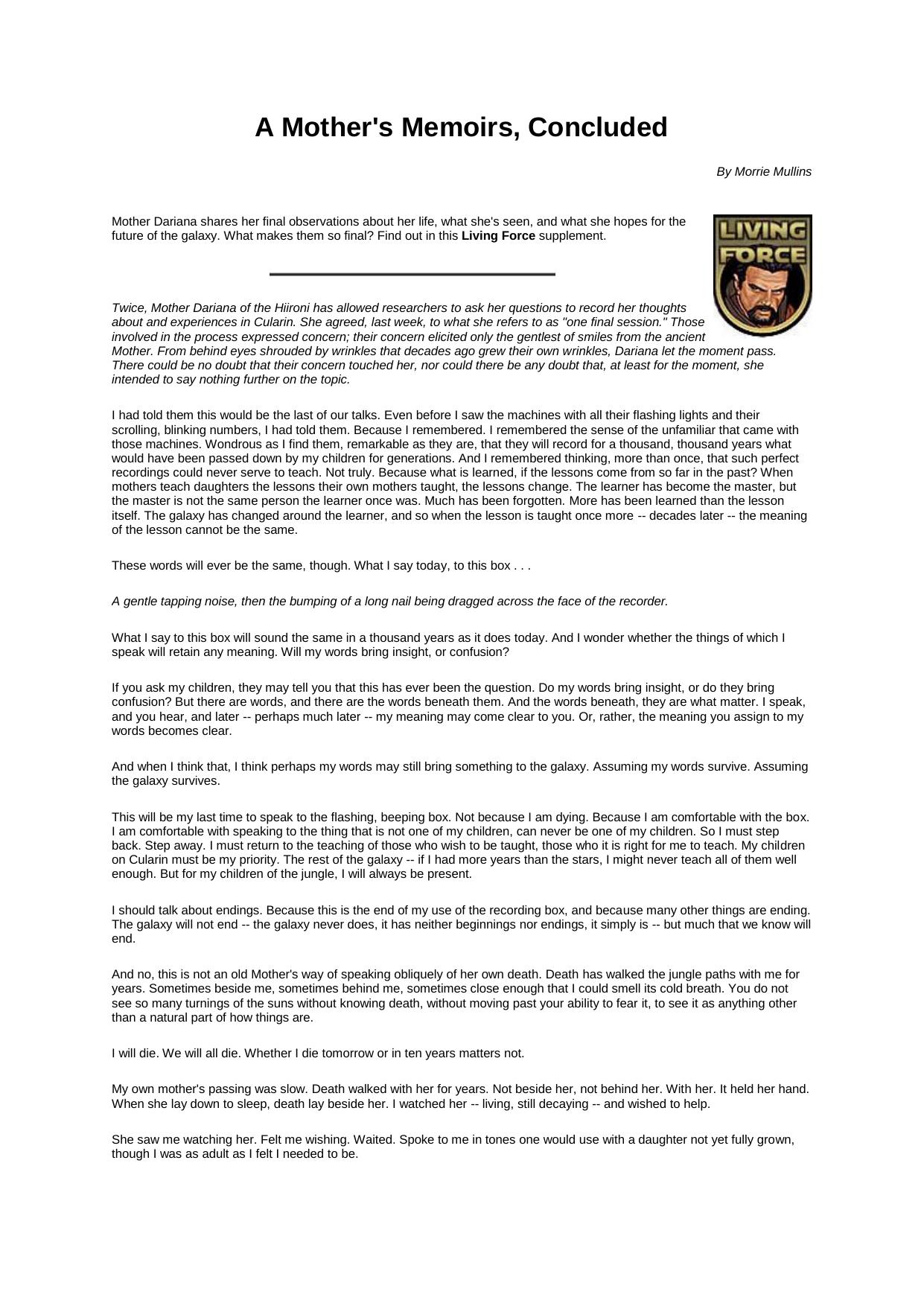 Star Wars - Living Force - LFA301-304 - Forces of Cularin (Scenario Supplement) A Mother's Memoirs by Kibble