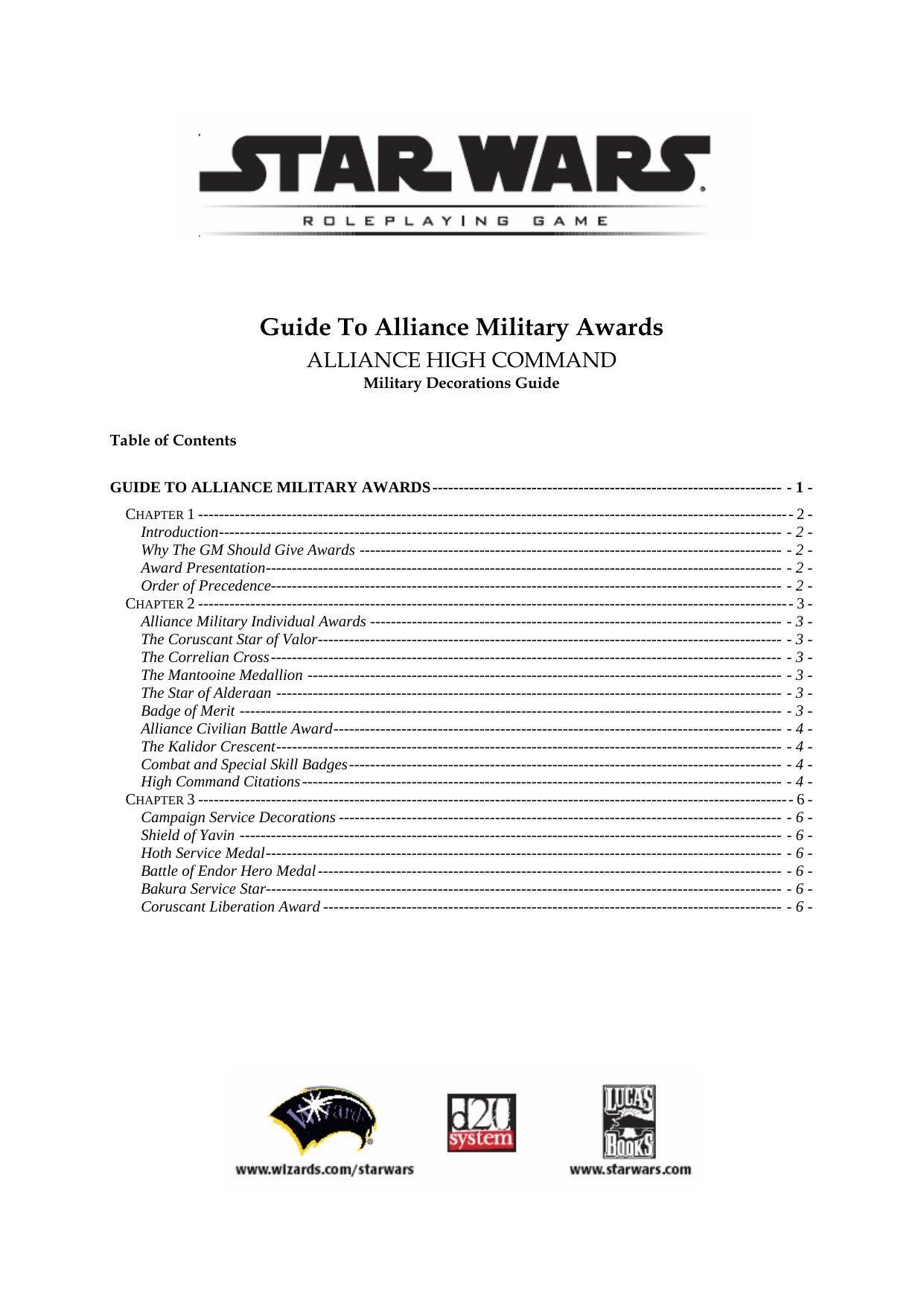 Star Wars D20 - Guide To Alliance Military Awards by Dark Lord Azagthoth