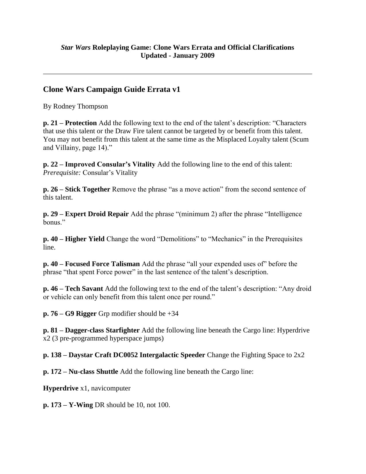 Star Wars Roleplaying Game: Clone Wars Errata and Official Clarifications by Joseph Dunlap