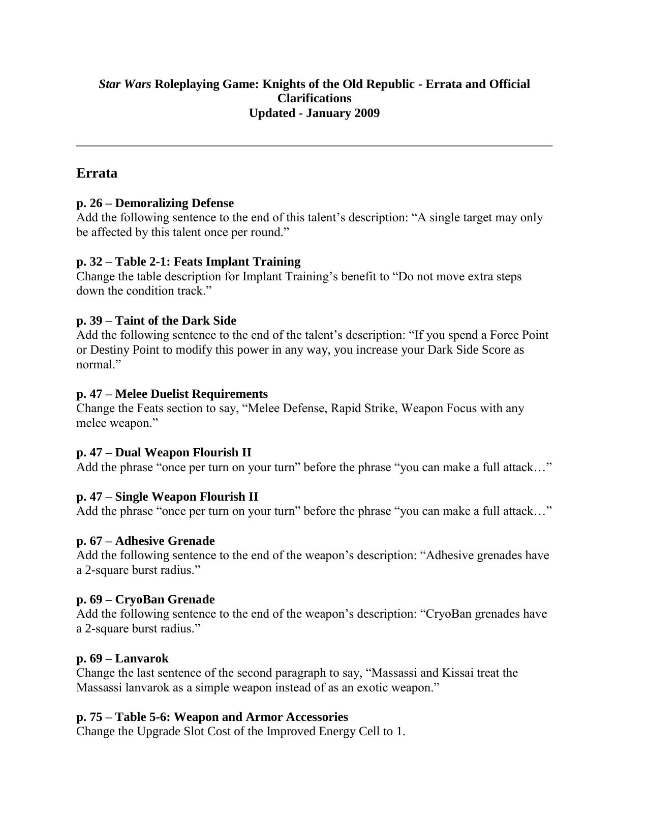 Star Wars Roleplaying Game: Knights of the Old Republic - Errata and Official Clarifications by Joseph Dunlap