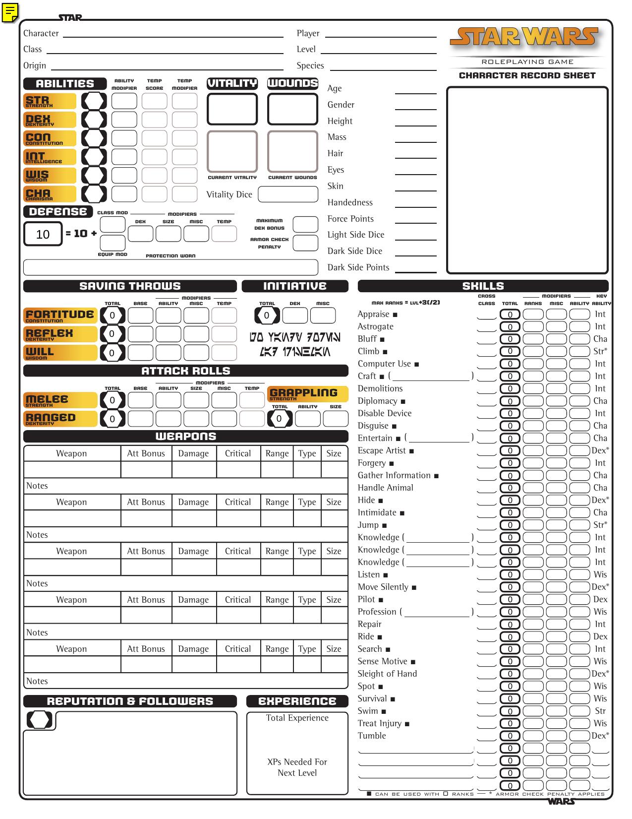Star Wars d20 Character Form 1.1 by Patrick Murphy a Mad Irishman Production