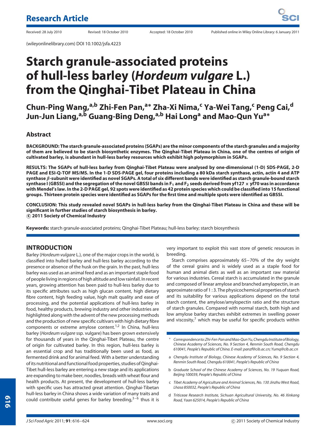 Starch granuleassociated proteins of hullless barley (Hordeum vulgare L.) from the QinghaiTibet Plateau in China by Unknown