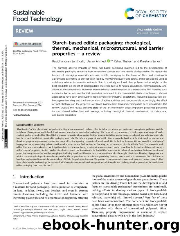 Starch-based edible packaging: rheological, thermal, mechanical, microstructural, and barrier properties â a review by Ravichandran Santhosh & Jasim Ahmed & Rahul Thakur & Preetam Sarkar