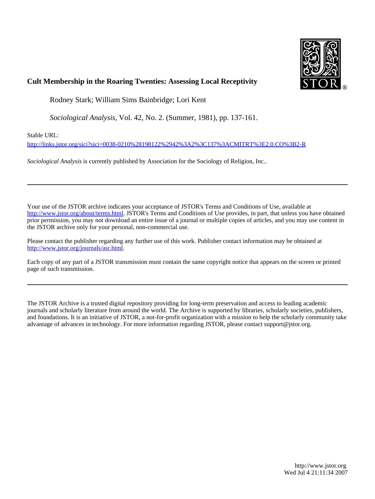 Stark, Bainbridge and Kent - Cult Membership in the Roaring Twenties by Assessing Local R