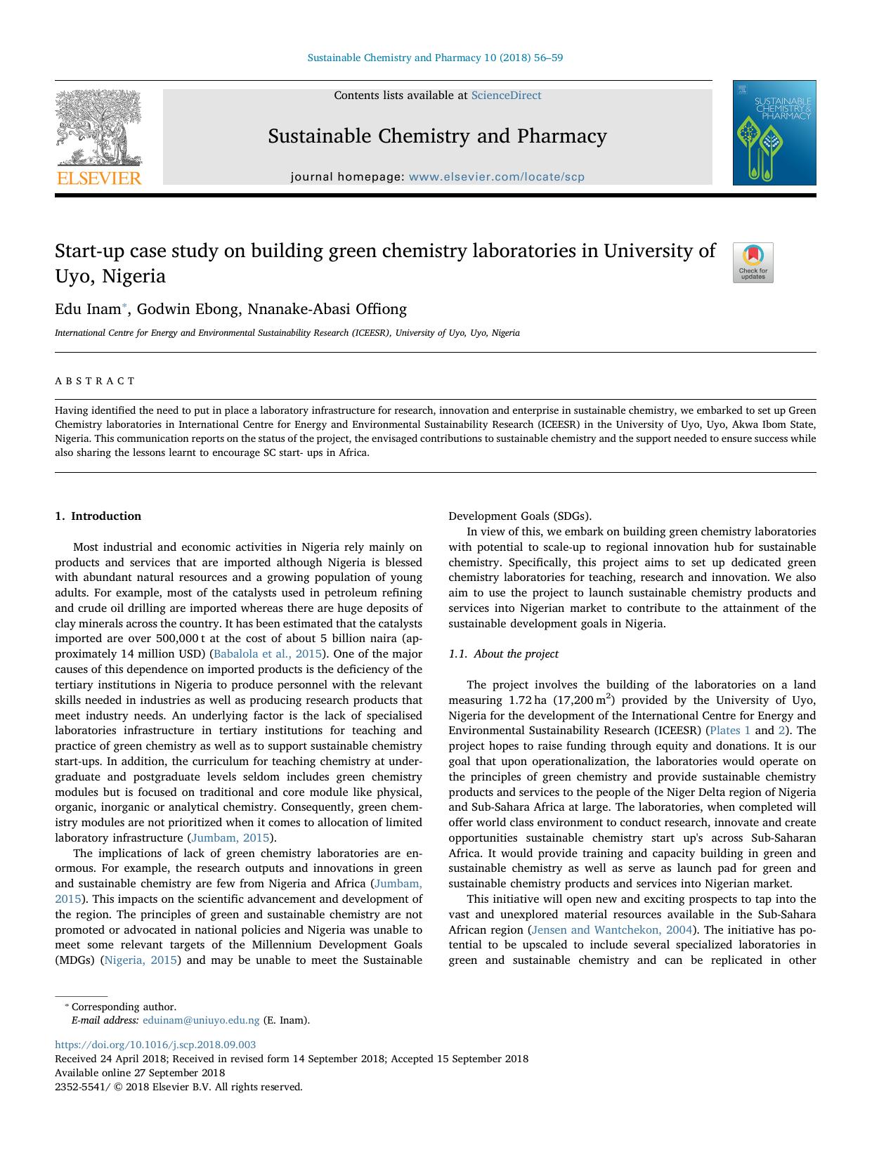 Start-up case study on building green chemistry laboratories in University of Uyo, Nigeria by Edu Inam & Godwin Ebong & Nnanake-Abasi Offiong