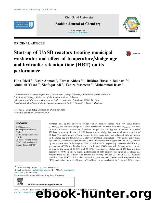 Start-up of UASB reactors treating municipal wastewater and effect of temperaturesludge age and hydraulic retention time (HRT) on its performance by unknow