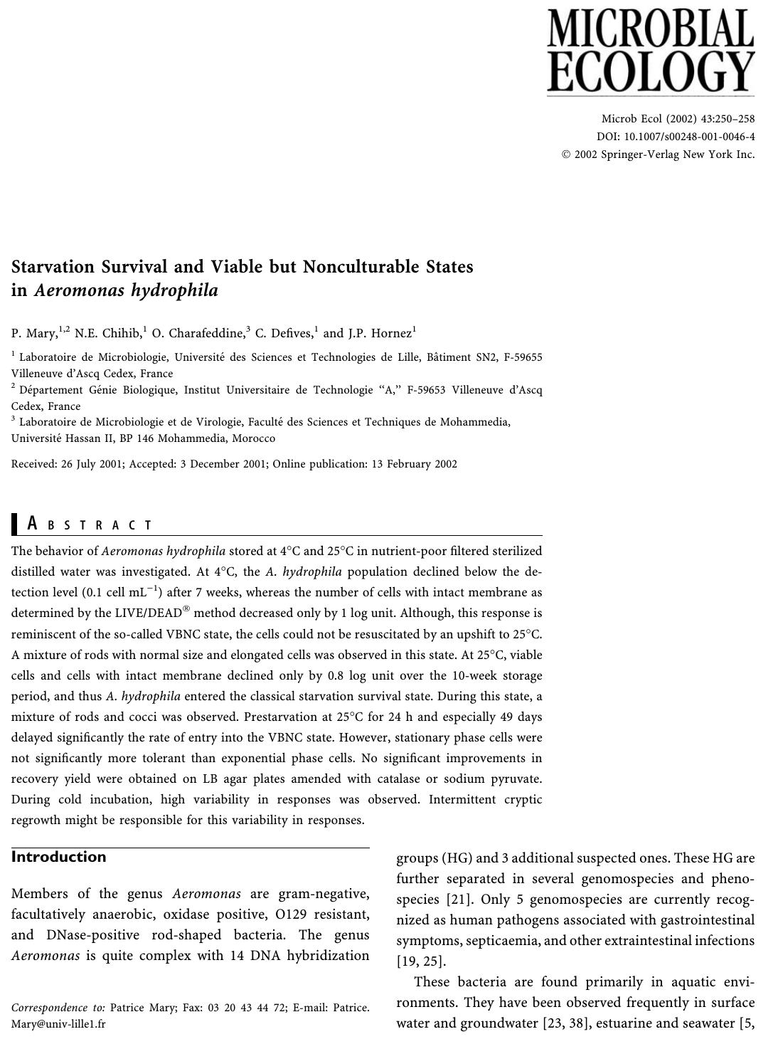 Starvation Survival and Viable but Nonculturable States in Aeromonas hydrophila by Mary P. et al