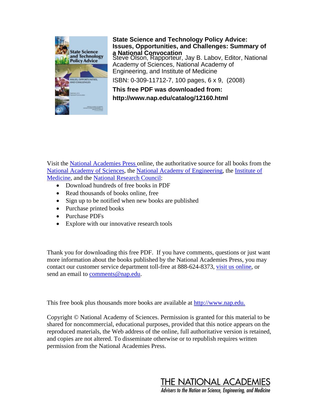 State Science and Technology Policy Advice: Issues, Opportunities, and Challenges: Summary of a National Convocation by unknow