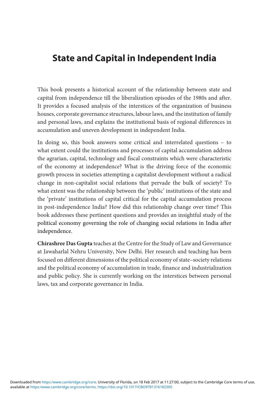 State and Capital in Independent India: Institutions and Accumulations by Chirashree Das Gupta