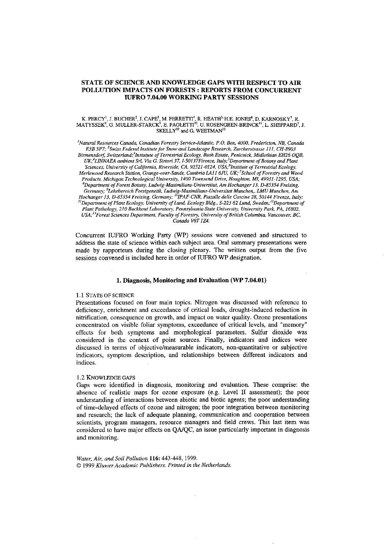 State of Science and Knowledge Gaps with Respect to Air Pollution Impacts on Forests: Reports from Concurrent IUFRO 7.04.00 Working Party Sessions by Unknown
