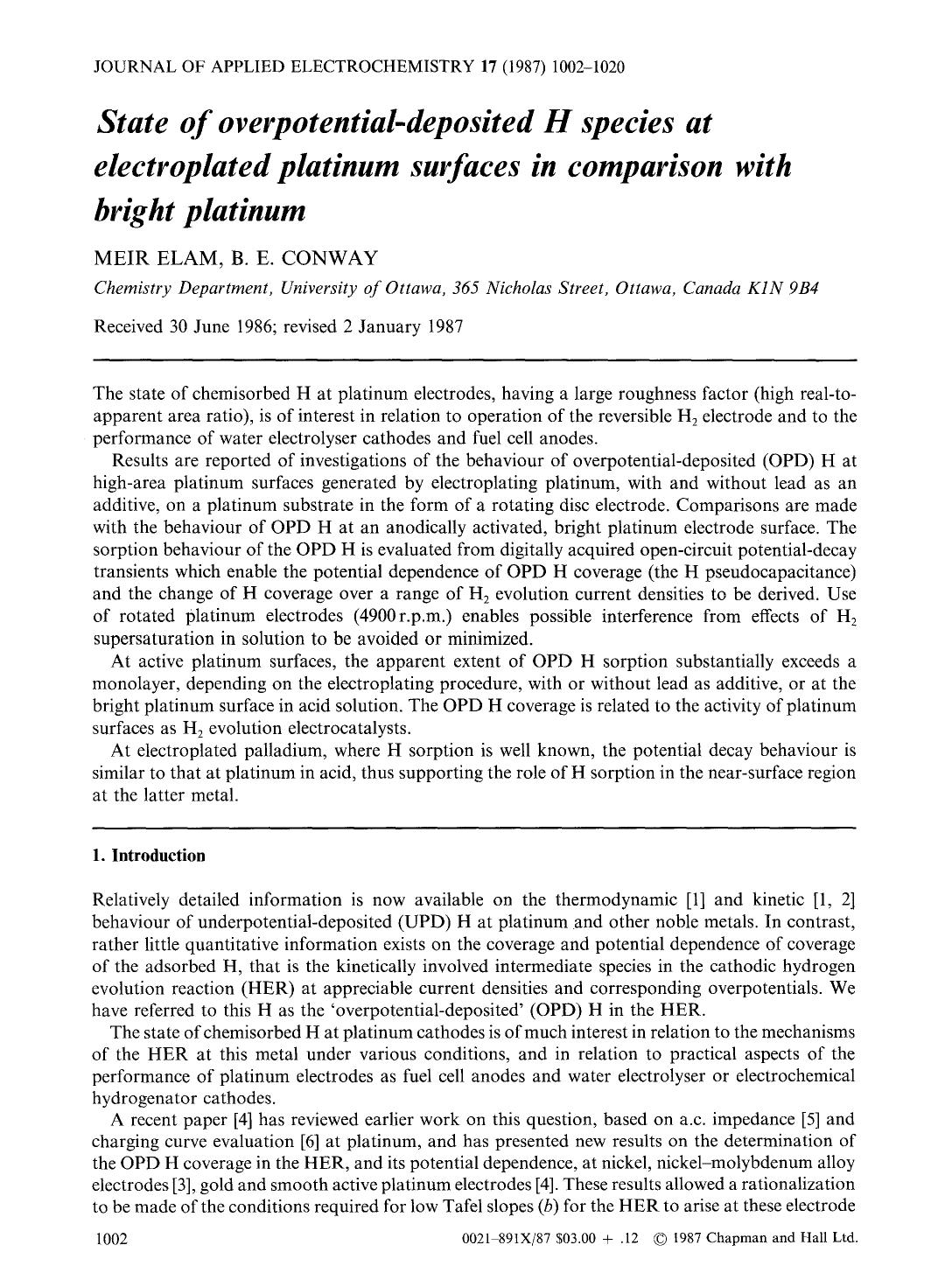 State of overpotential-deposited H species at electroplated platinum surfaces in comparison with bright platinum by Unknown