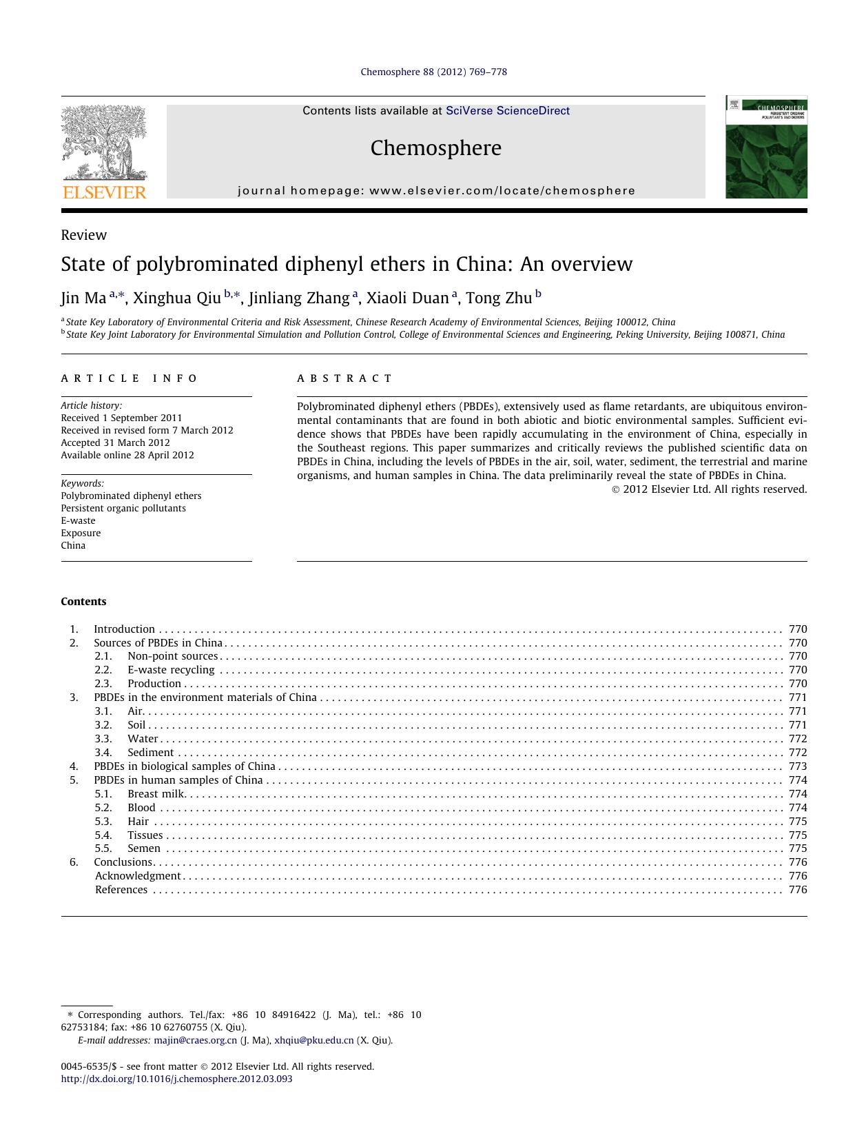 State of polybrominated diphenyl ethers in China: An overview by Jin Ma & Xinghua Qiu & Jinliang Zhang & Xiaoli Duan & Tong Zhu