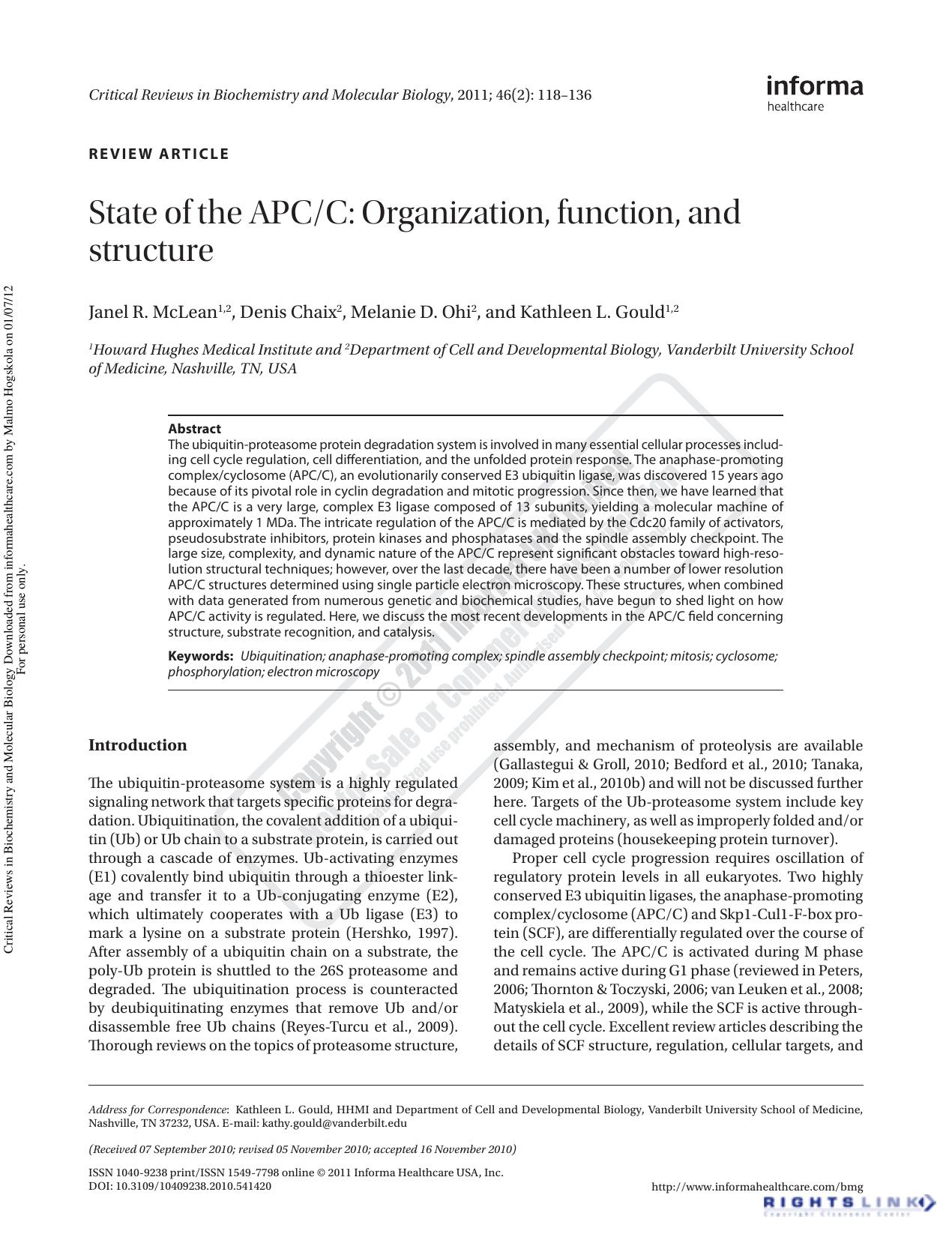 State of the APCC: Organization, function, and structure by Janel R. McLean1 2 Denis Chaix2 Melanie D. Ohi2 Kathleen L. Gould1 2kathy.gould@vanderbilt.edu