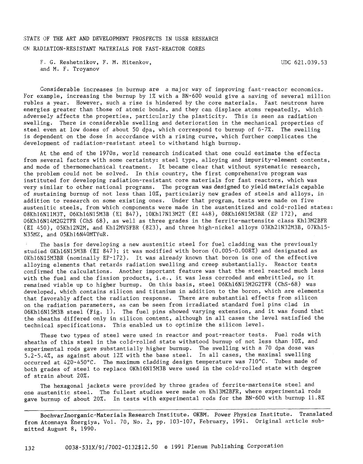 State of the ART and development prospects in USSR research on radiation-resistant materials for fast-reactor cores by Unknown