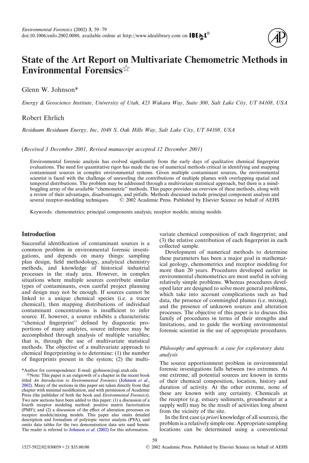 State of the Art Report on Multivariate Chemometric Methods in Environmental Forensics by Johnson G. W. & Ehrlich R