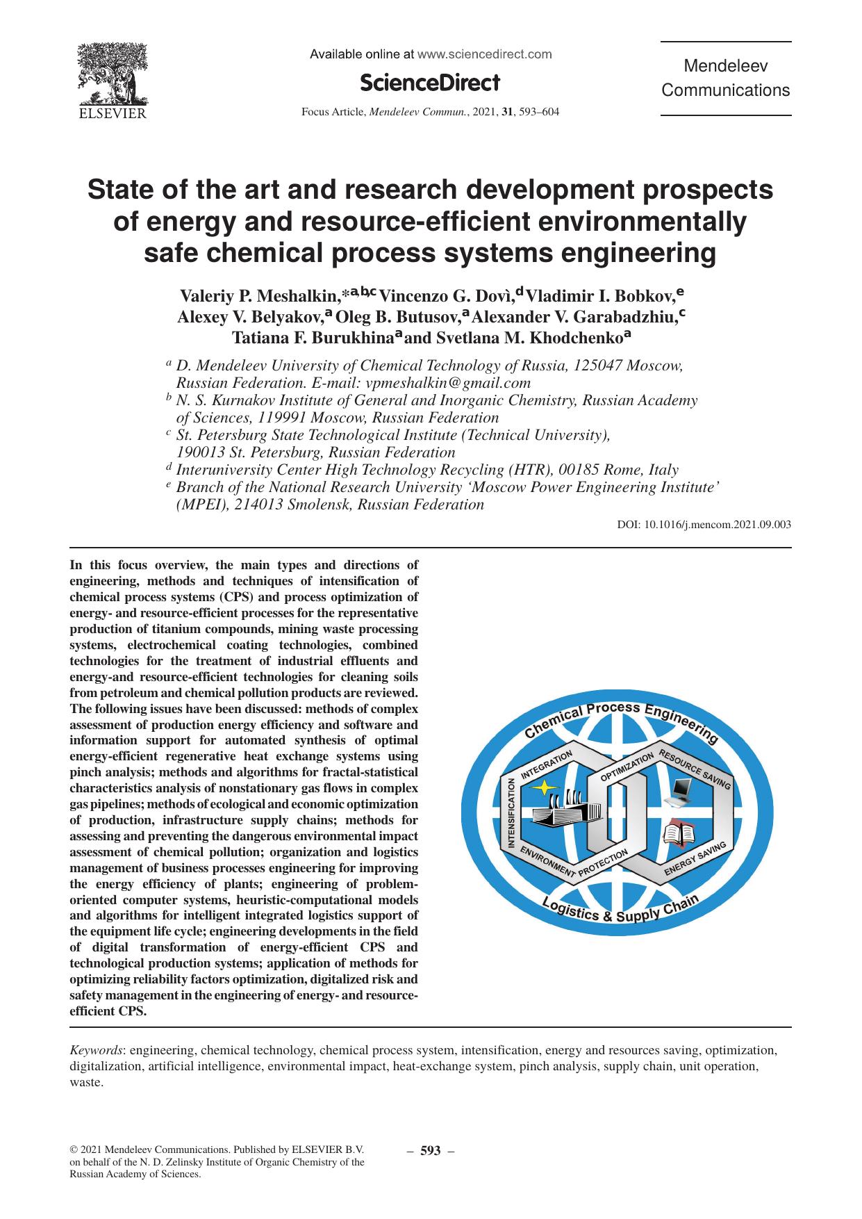 State of the art and research development prospects of energy and resource-efficient environmentally safe chemical process systems engineering by unknow
