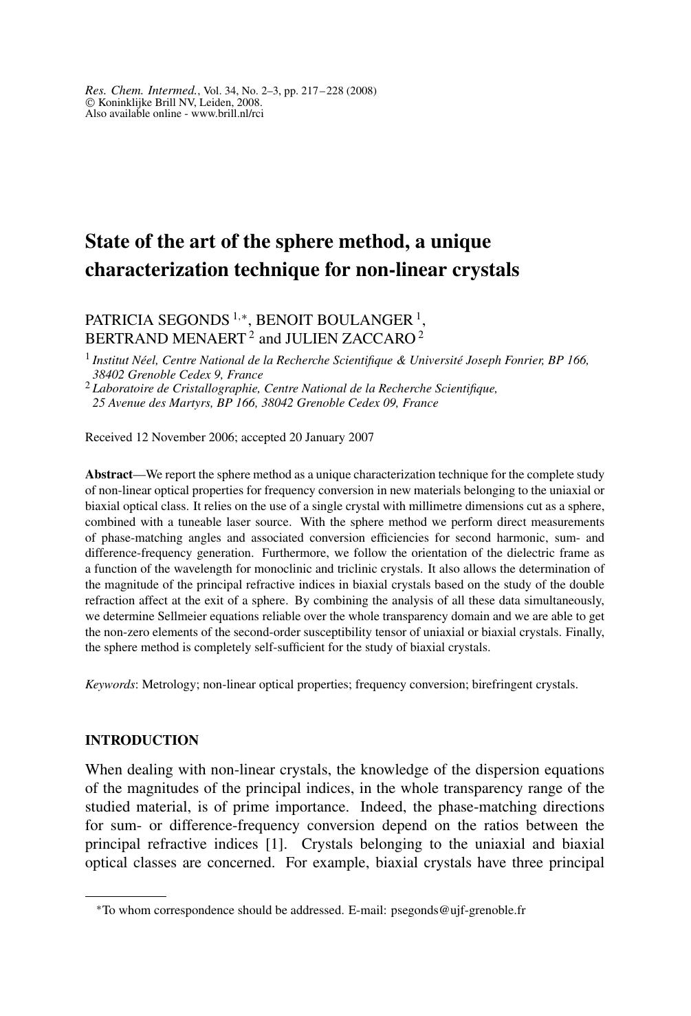 State of the art of the sphere method, a unique characterization technique for non-linear crystals by Unknown
