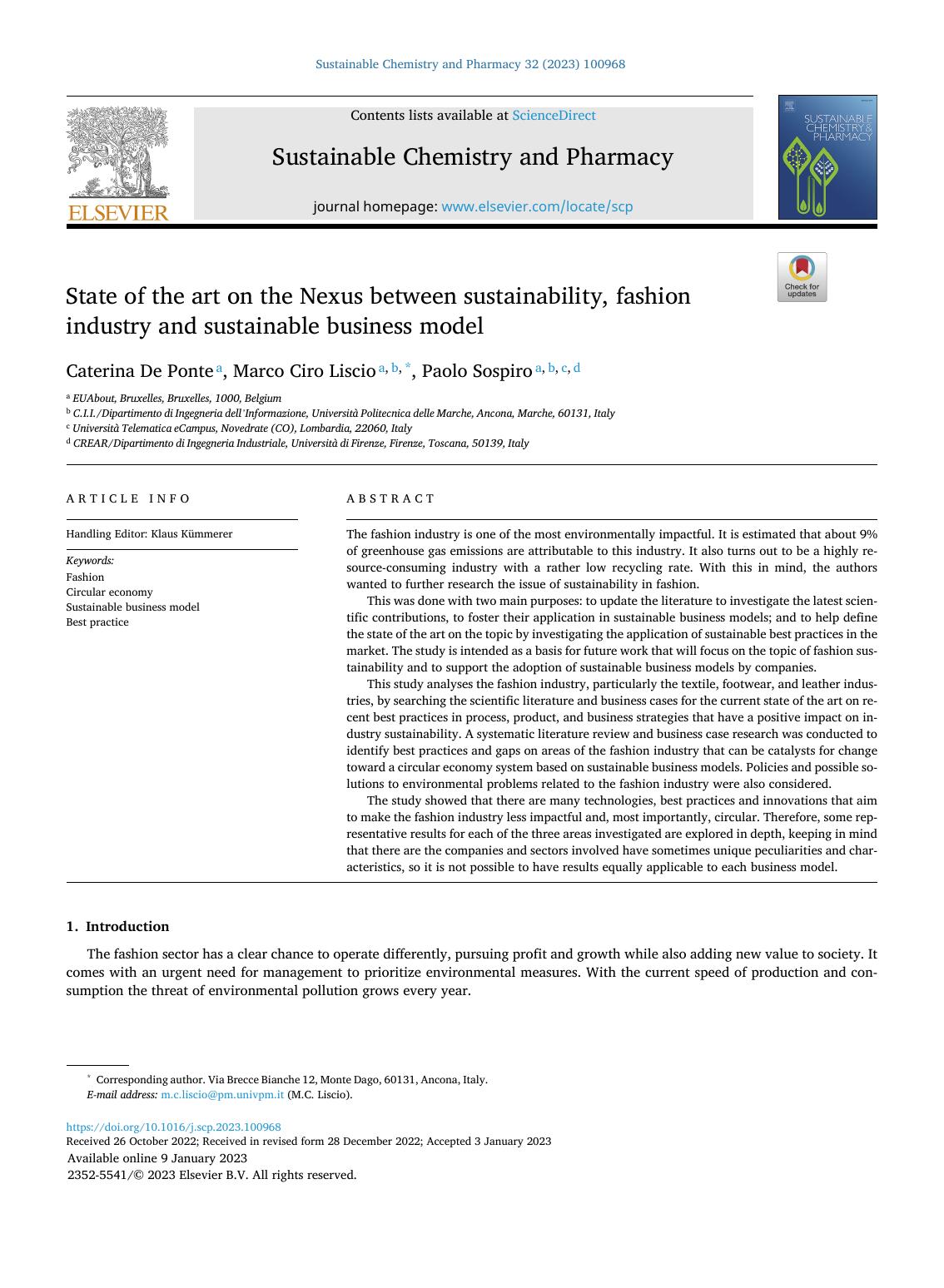 State of the art on the Nexus between sustainability, fashion industry and sustainable business model by Caterina De Ponte