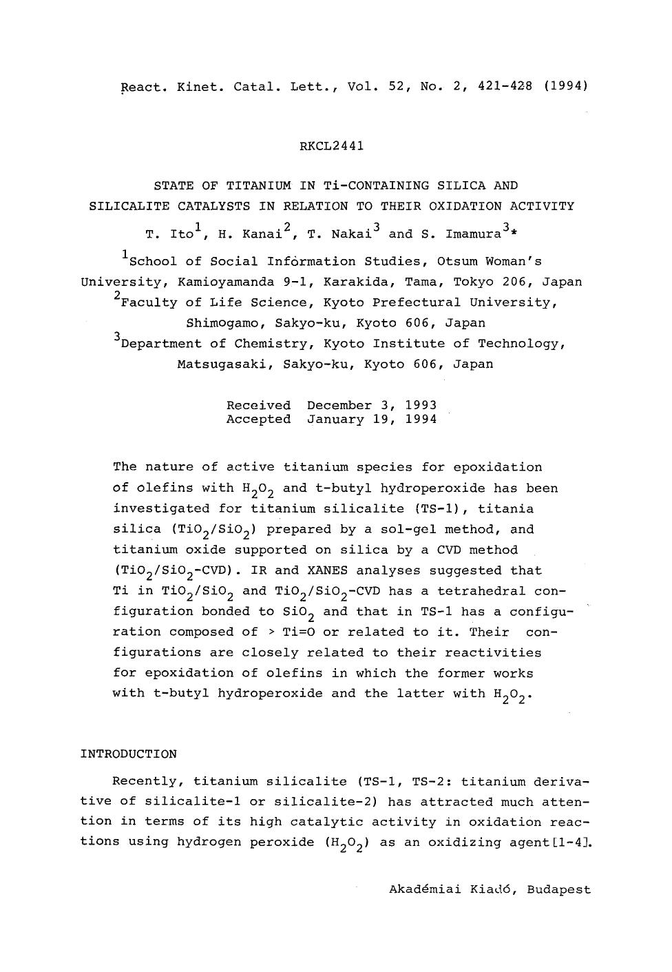 State of titanium in Ti-containing silica and silicalite catalysts in relation to their oxidation activity by Unknown