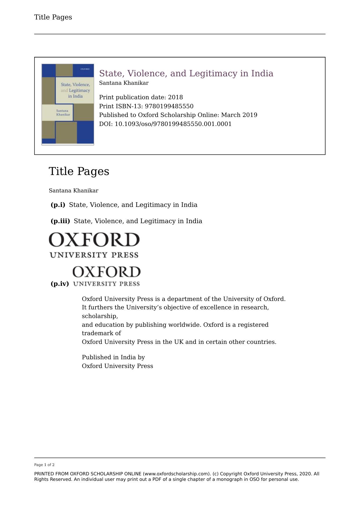 State, Violence, and Legitimacy in India by Santana Khanikar