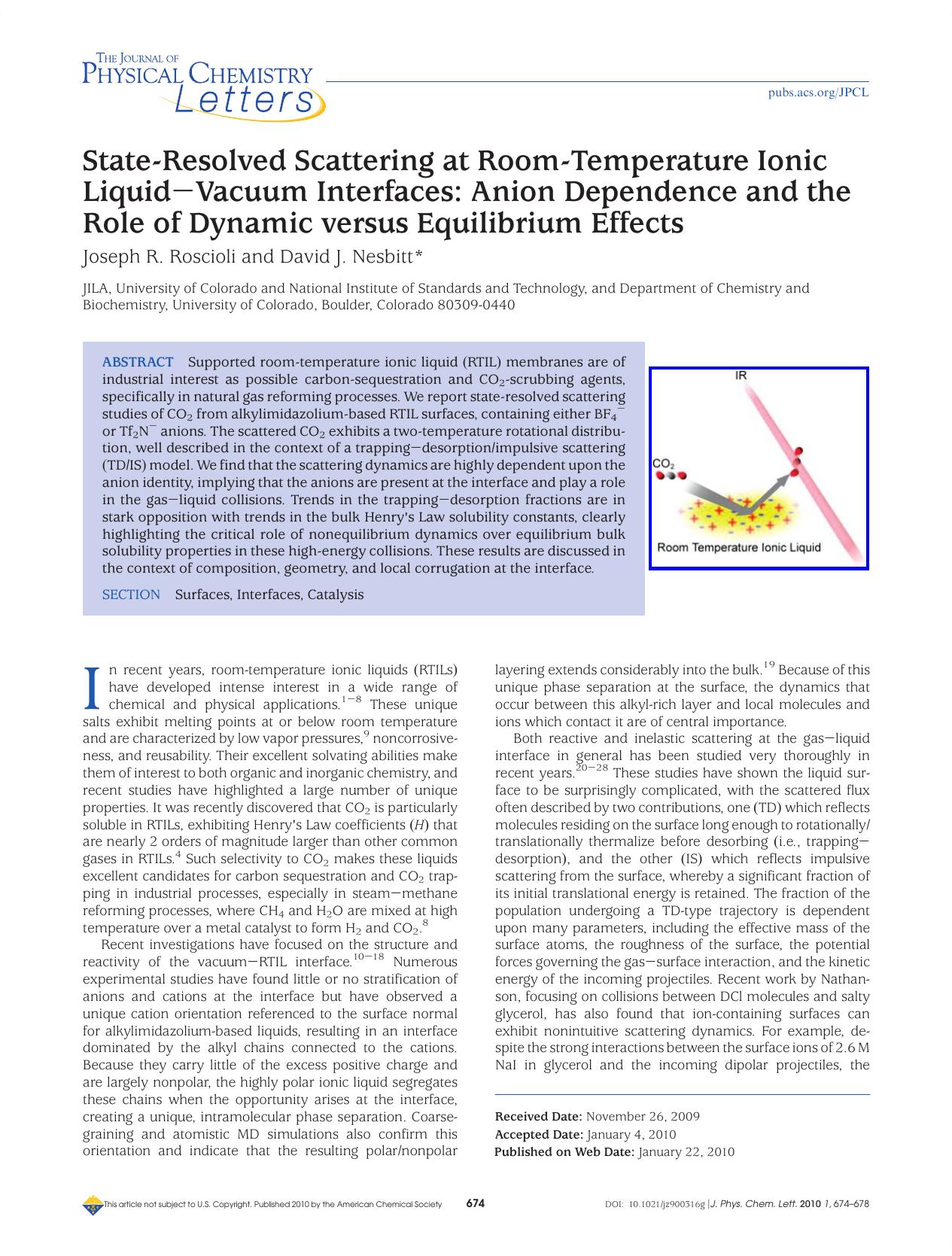 State-Resolved Scattering at Room-Temperature Ionic LiquidVacuum Interfaces: Anion Dependence and the Role of Dynamic versus Equilibrium Effects by Unknown