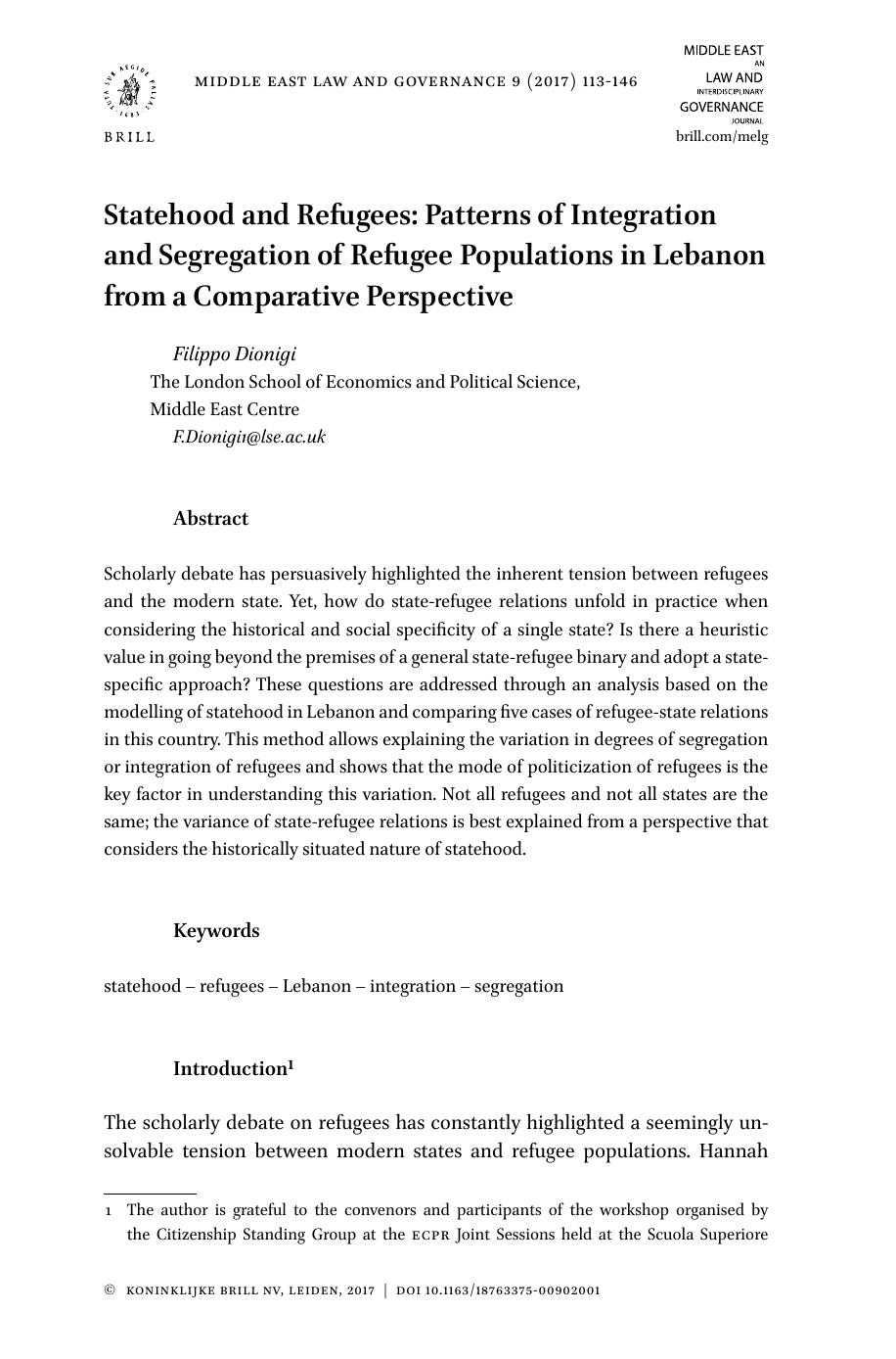 Statehood and Refugees: Patterns of Integration and Segregation of Refugee Populations in Lebanon from a Comparative Perspective by Filippo Dionigi