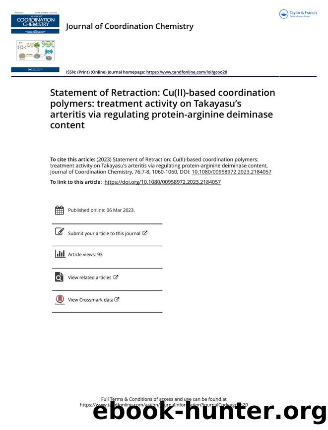 Statement of Retraction: Cu(II)-based coordination polymers: treatment activity on Takayasuâs arteritis via regulating protein-arginine deiminase content by Unknown
