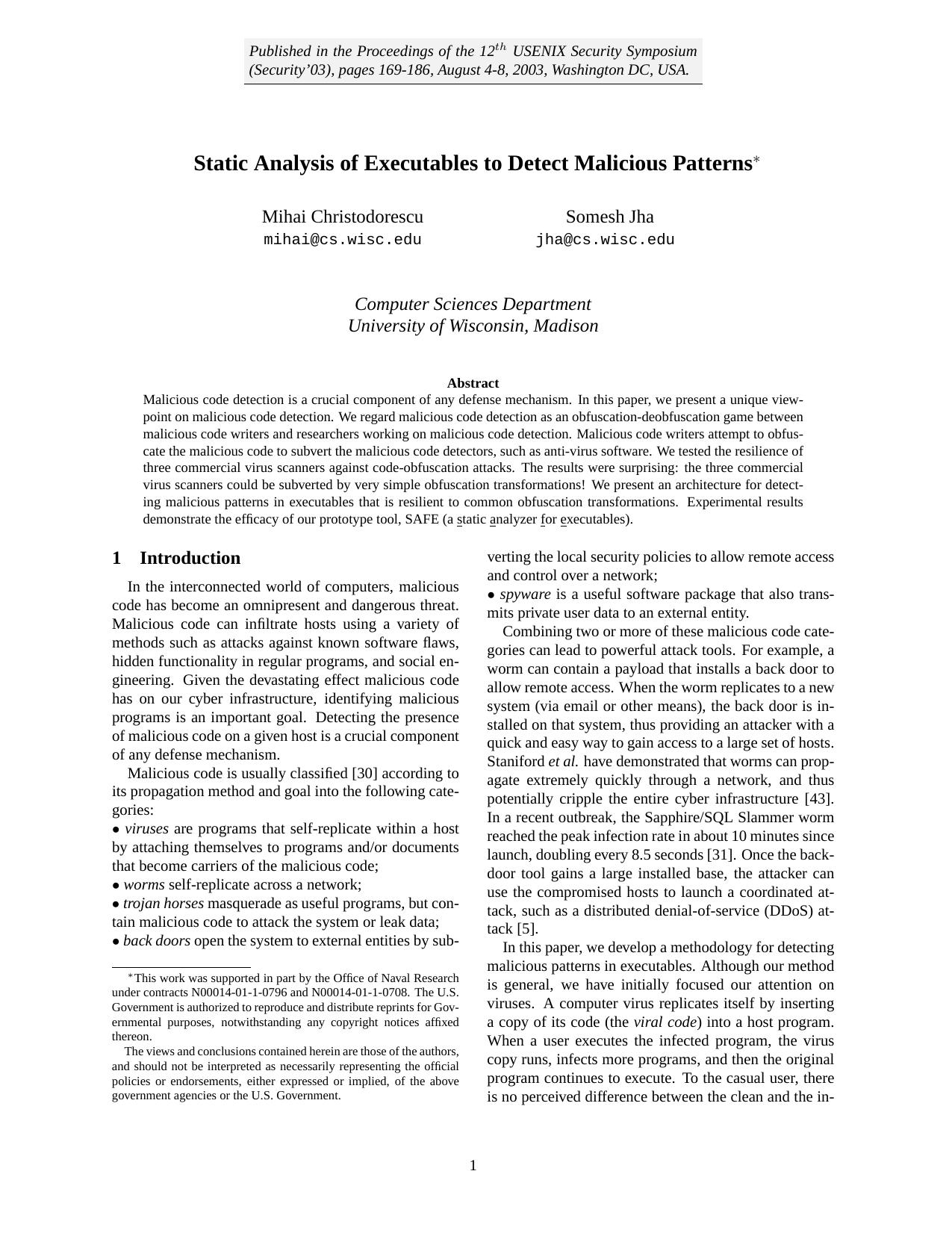 Static Analysis of Executables to Detect Malicious Patterns by Mihai Christodorescu & Somesh Jha
