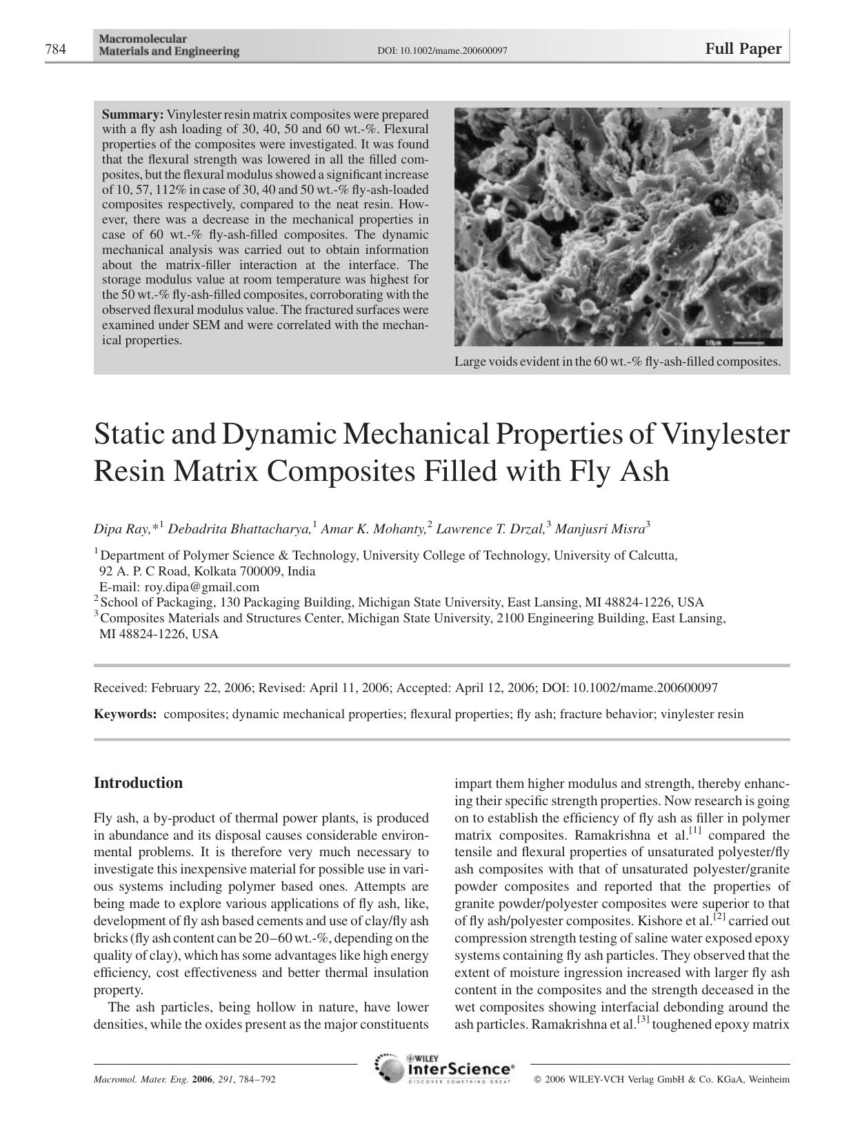 Static and Dynamic Mechanical Properties of Vinylester Resin Matrix Composites Filled with Fly Ash by Unknown
