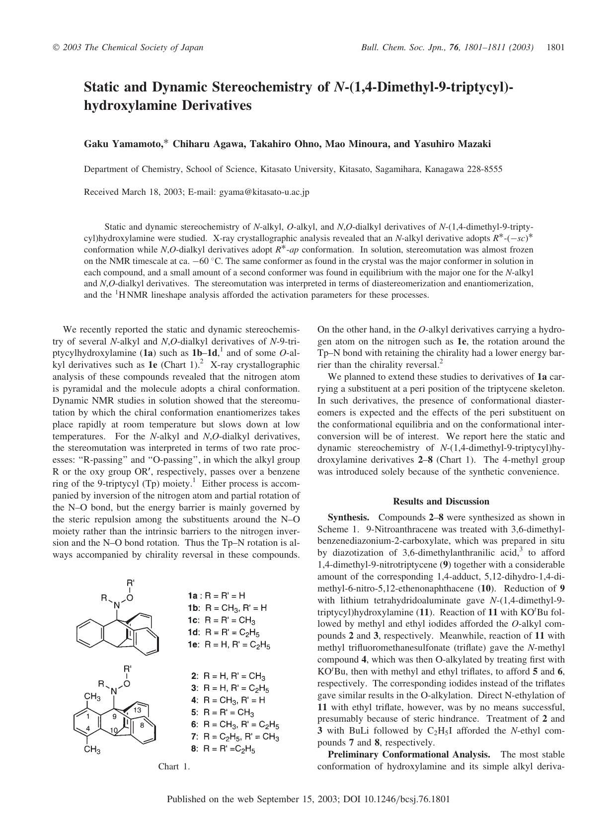 Static and Dynamic Stereochemistry of N-(1,4-Dimethyl-9-triptycyl)hydroxylamine Derivatives by Gaku Yamamoto Chiharu Agawa Takahiro Ohno Mao Minoura & Yasuhiro Mazaki