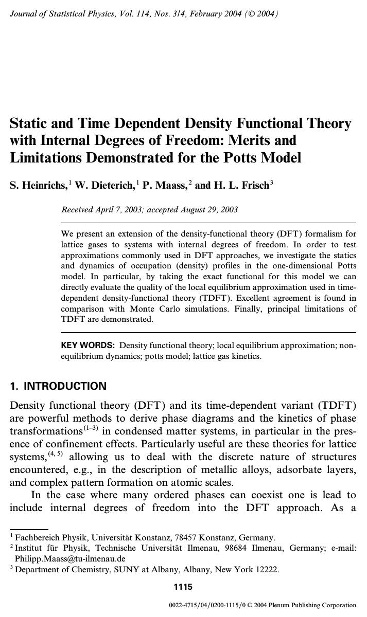 Static and Time Dependent Density Functional Theory with Internal Degrees of Freedom: Merits and Limitations Demonstrated for the Potts Model by Unknown