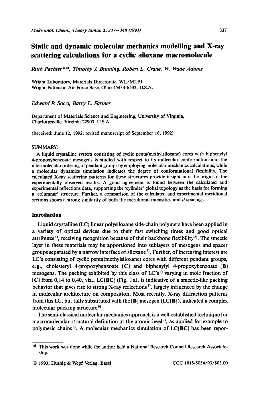 Static and dynamic molecular mechanics modelling and X-ray scattering calculations for a cyclic siloxane macromolecule by Unknown