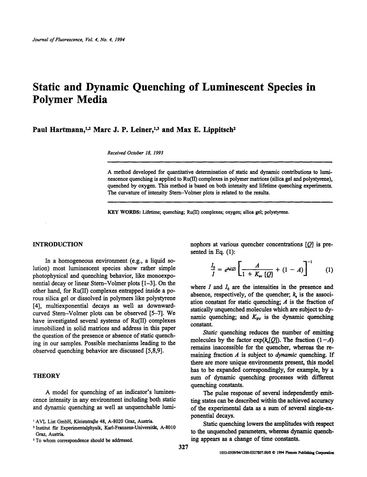 Static and dynamic quenching of luminescent species in polymer media by Unknown